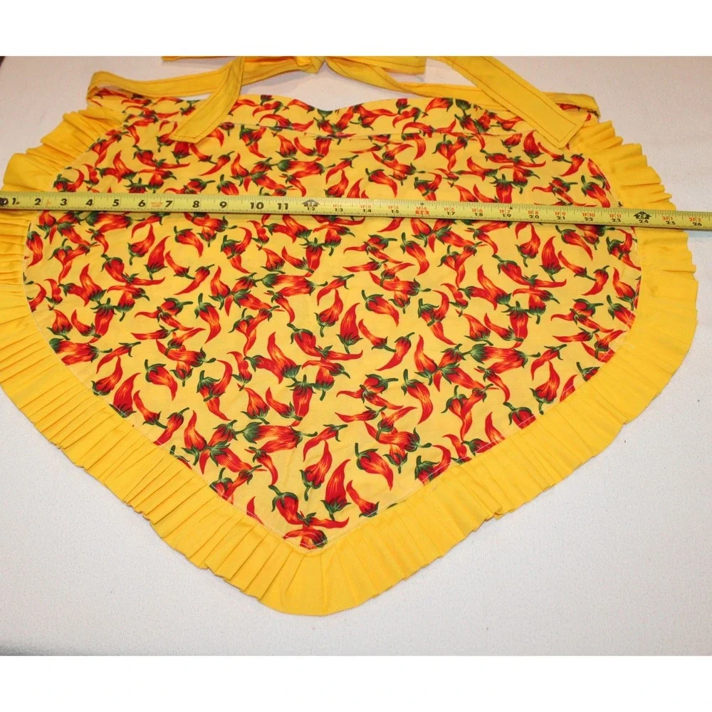 vintage style handmade half apron yellow red chili peppers ruffle pocket OS